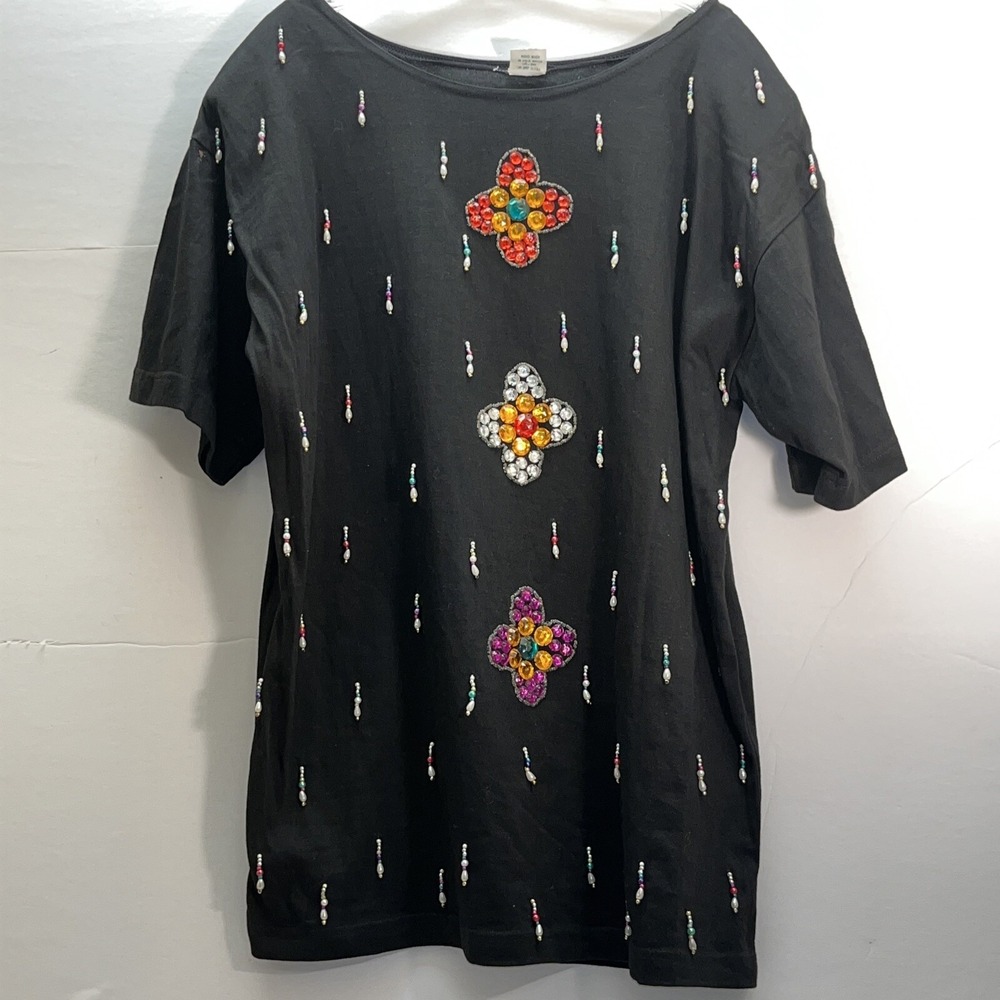 Vintage Black Cotton Beaded Rhinestone Tunic Shirt Medium Evening Top